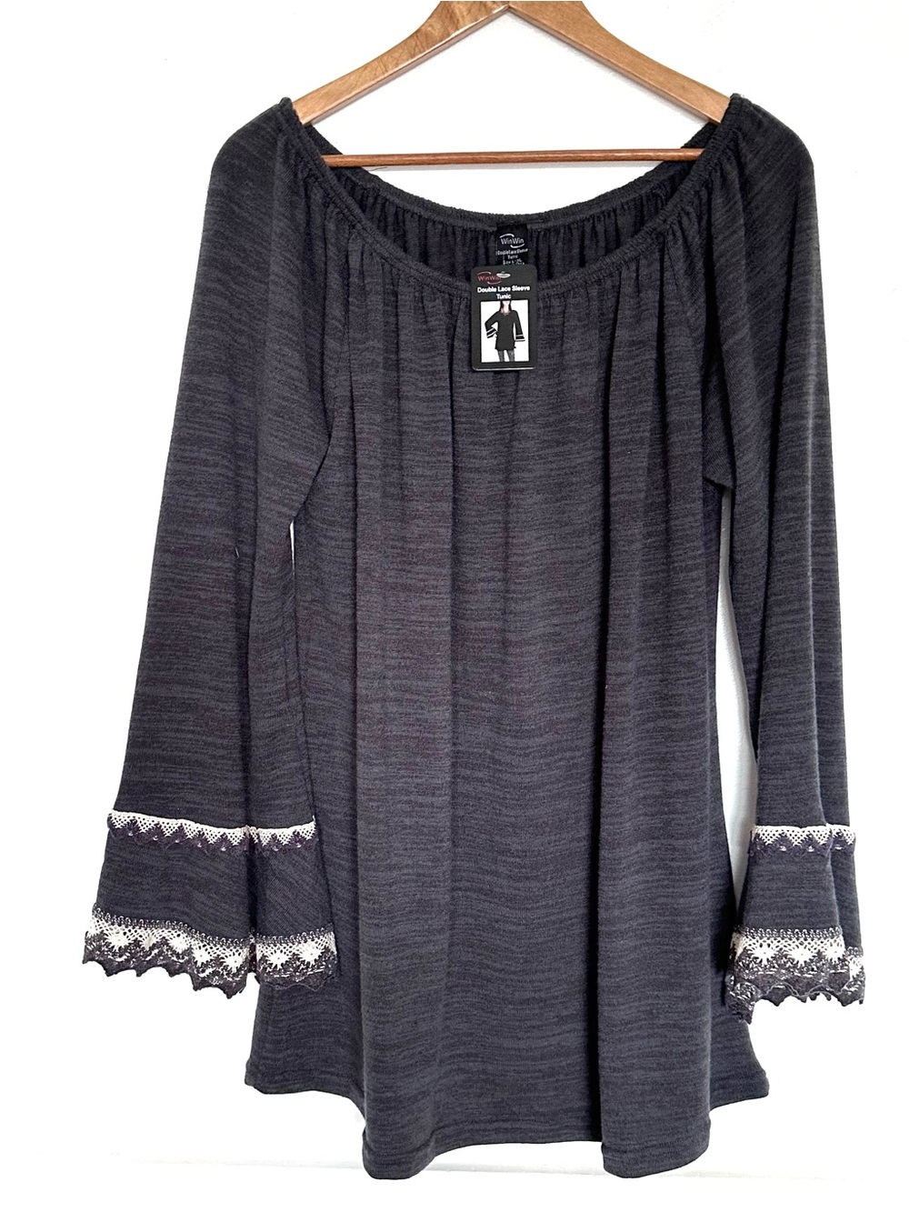 NWT Winwin Tunic Women’s Large XL Grey Double Lace Flare Sleeve Shirt Top
